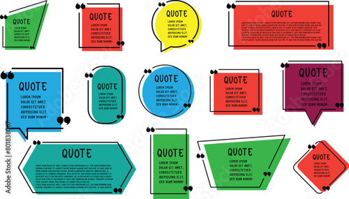 Set of various isolated quote frames. Speech bubbles with quotation marks. Blank text box and quotes. Blog post template. Vector illustration.