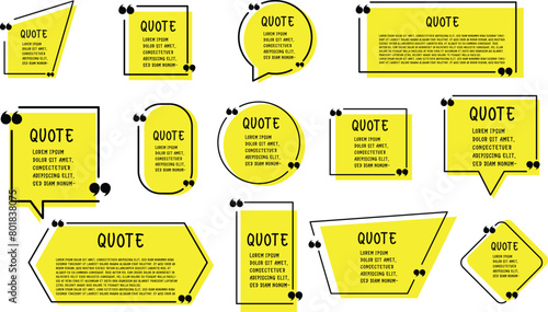 Set of various isolated quote frames. Speech bubbles with quotation marks. Blank text box and quotes. Blog post template. Vector illustration.