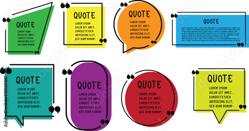 Set of various isolated quote frames. Speech bubbles with quotation marks. Blank text box and quotes. Blog post template. Vector illustration.