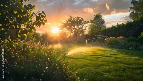 Smart garden watering system with rotating sprinklers and autonomous sprayers at sunset . Concept Smart Garden Watering  Rotating Sprinklers  Autonomous Sprayers  Sunset Views