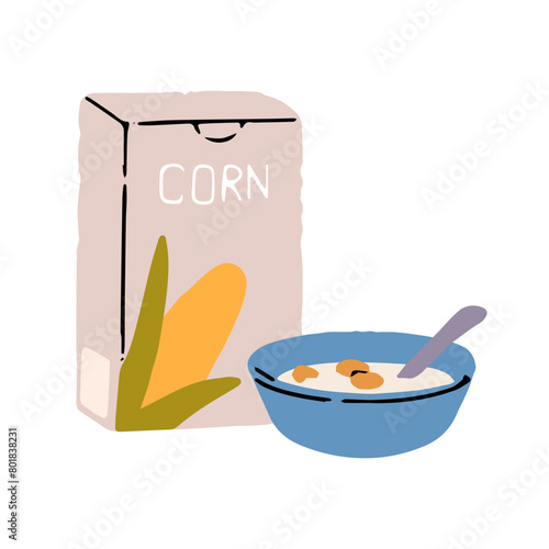 Cardboard box of cornflakes and bowl of cereals with milk. Crunchy muesli flakes in dish. Organic food, product. Healthy snack for breakfast. Flat isolated vector illustration on white background