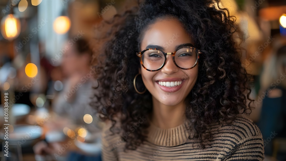 Happy woman with curly hair and glasses at a social event . Concept Social Events, Portrait Photography, Curly Hair, Eyeglasses, Happy Expressions Happy woman with curly hair and glasses at a social event . Concept Social Events, Portrait Photography, Curly Hair, Eyeglasses, Happy Expressions