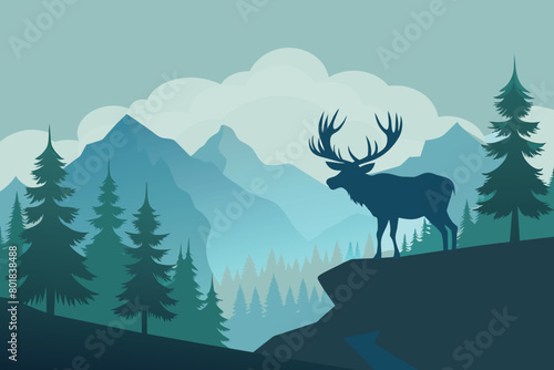 Silhouette of moose on hill. Tree in front, mountains and forest in background. Magical misty landscape