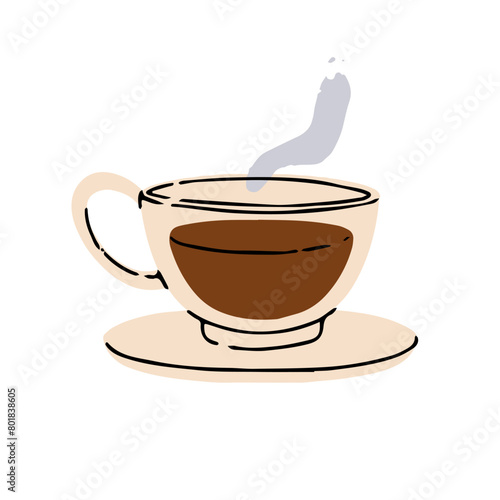 Glass cup of natural black coffee. Hot drink in transparent mug with steam. Tea in teacup with smoke. Caffeine beverage- americano, espresso. Flat isolated vector illustration on white background