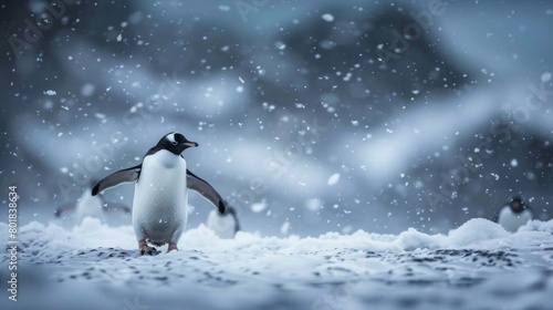 A penguin stands in the snow with its wings spread out photo