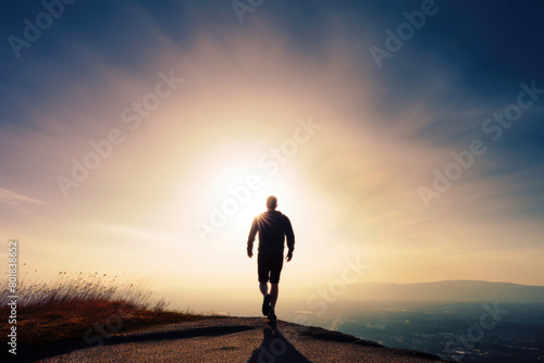 generated Illustration rear view of man walking against strong light
