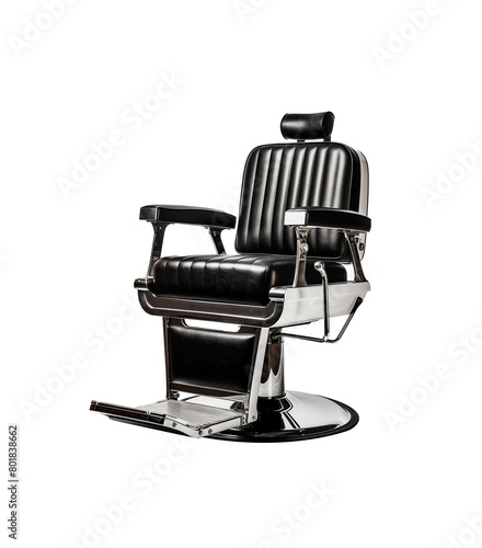 modern barber chair in leather with chrome accents and footrest, on a white background. Generative AI