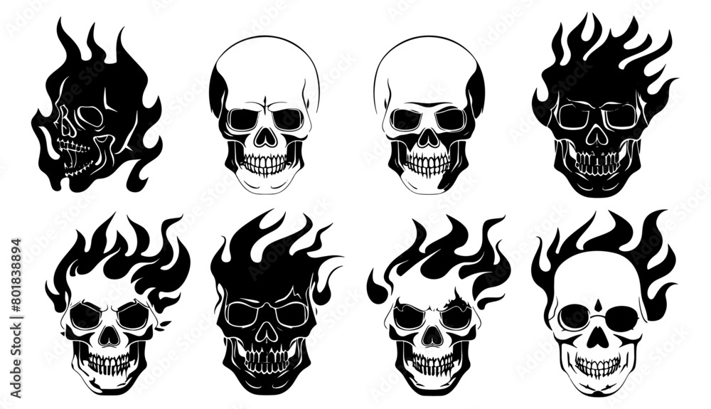 black and white tattoo skull and fire logo or icon black and white tattoo skull and fire logo or icon