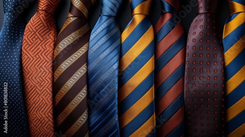 Collection of elegant ties arranged on dark background, showcasing variety in patterns and colors, Concept of men's formal wear and business attire