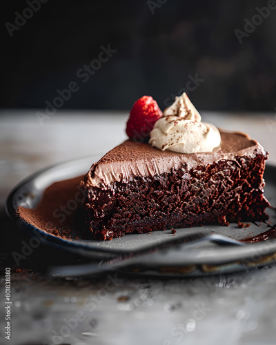 Flourless Chocolate Cake with strawberry and cream on top