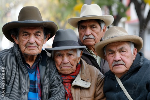 Portrait of a group of old men with hats in the street