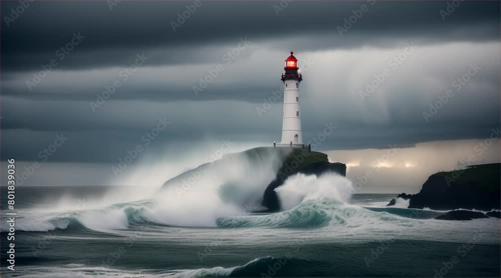 Lighthouse guiding ships through stormy night on coastal shores, its beam cutting through fog, illuminating the ocean waves under the cloudy sky. Lighthouse guiding ships through stormy night on coastal shores, its beam cutting through fog, illuminating the ocean waves under the cloudy sky.
