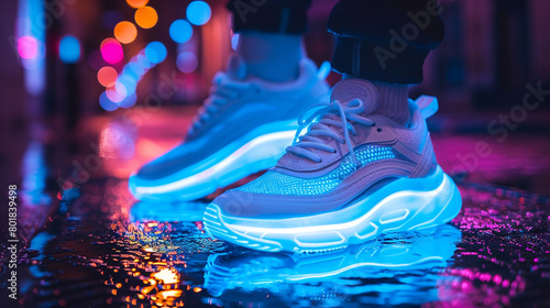 A pair of stylish sneakers with neon lights , product shoot, Generative AI photo
