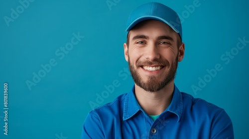 Portrait of smiling man in blue cap and polo shirt, personable and approachable appearance, Concept of active lifestyle and positive attitude