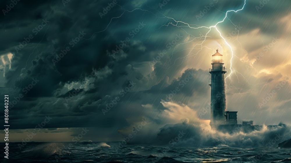 A lighthouse is shown in the midst of a stormy sea