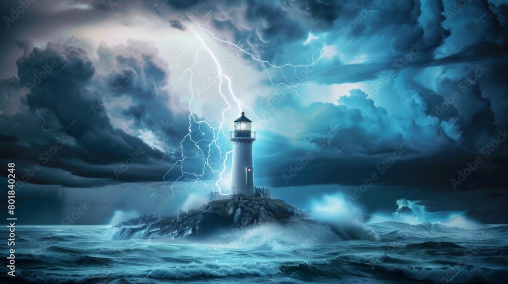 A lighthouse is lit up in the middle of a stormy sea