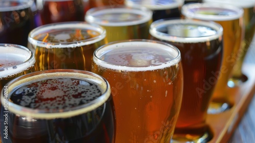 A closeup of a flight of nonalcoholic beers showcasing the diverse colors and flavors of each unique brew.