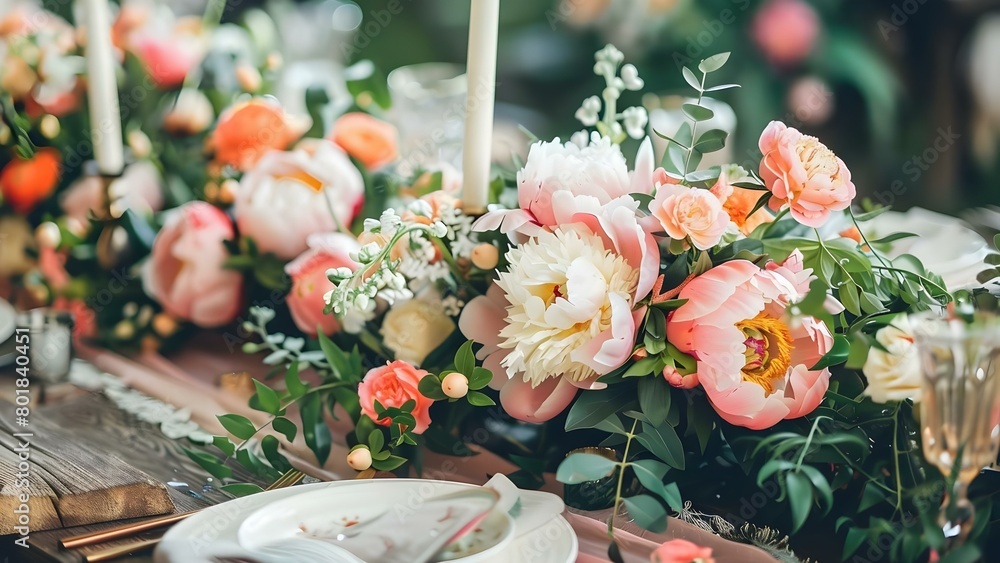 Fototapeta premium English country garden wedding adorned with peonies and floral decorations for celebration. Concept Garden Theme, Peonies, Floral Decorations, Wedding Celebration
