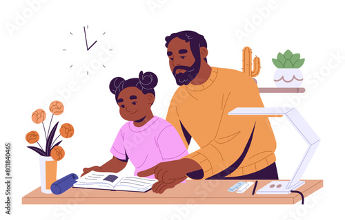 Family do homework together. Father helps his kid with home exercises. Dad guidances with study, reading of child. Smart student and parent learning school book at the desk. Flat vector illustration