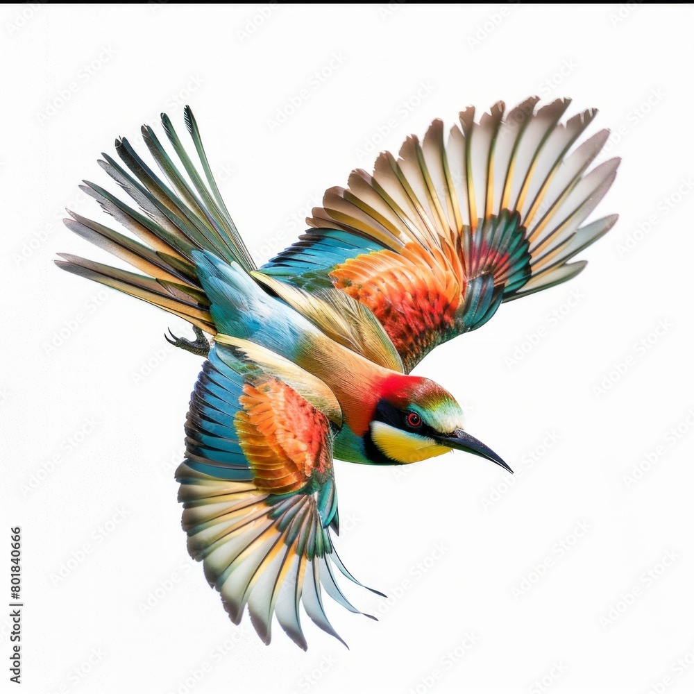 A colorful bird with a long tail is flying in the air