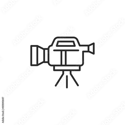 Icon of a professional film camera mounted on a tripod, a staple in film production and cinematography. Ideal for use in content related to movie, video production, and broadcast. Vector illustration