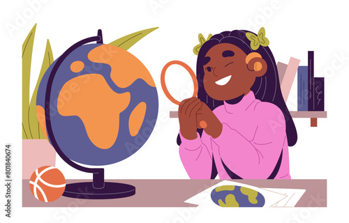 Disabled girl with hearing aid watches, explores globe through magnifier. School kid studies geography, examines planet with magnifying glass. Student learning science. Flat vector illustration