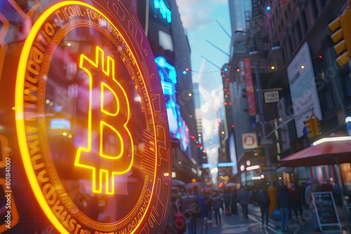 Close up of a neon Bitcoin hologram used as currency in a bustling futuristic market photo