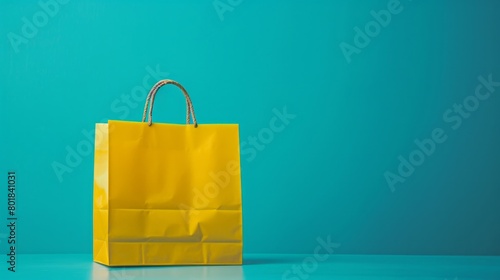 A yellow shopping bag is on a blue background