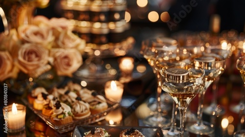 A sophisticated evening event with guests sampling opulent perfumes paired with decadent hors doeuvres.