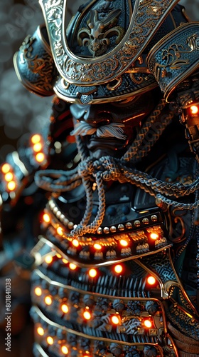 Close up of a digital statue of a samurai, with LED lit armor and a dynamically changing katana