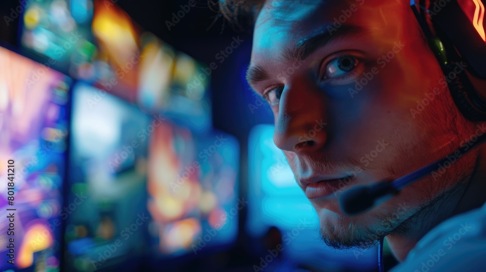 The picture of the gamer that playing the video game inside the room that fill with the neon light, the video game gamer require skills like patience, reflexes, adaptability and concentration. AIG43.