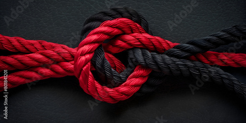 close-up image showcasing two intertwined ropes, one red and one black, symbolizing a strong bond, unity, or partnership, tied together in a secure knot on a dark background, with a red and black reef