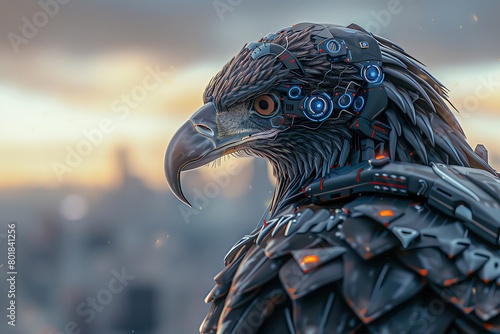Macro view of a cyber enhanced eagle with augmented reality vision sensors scanning the horizon photo