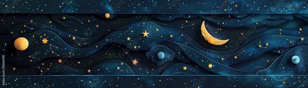 Fototapeta premium Detailed paper cut representation of a starry night sky with constellations and a crescent moon