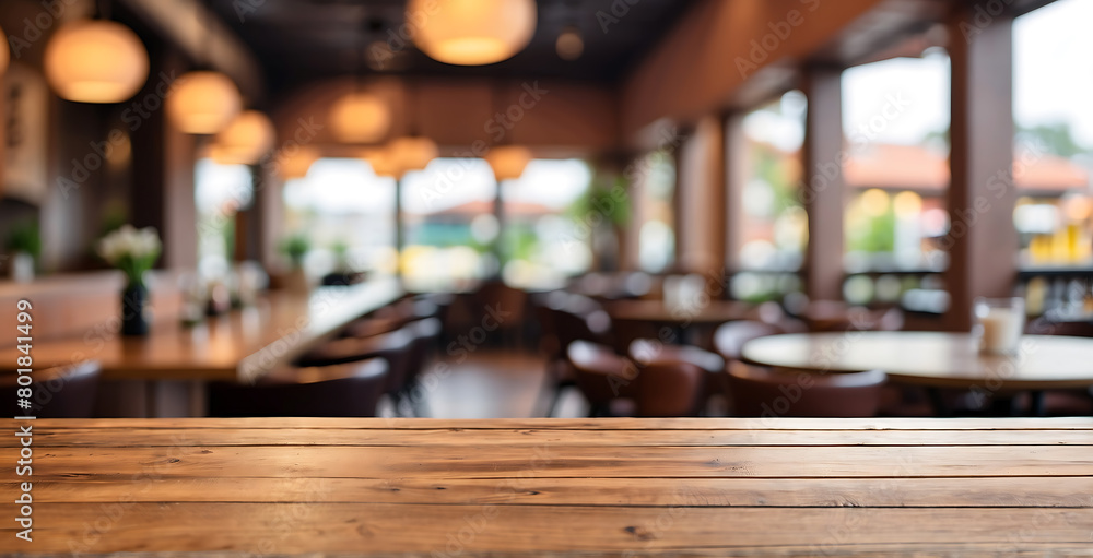 wooden table top  blur bokeh Background Ready for product Display, Empty wooden table top with lights bokeh on blur restaurant background