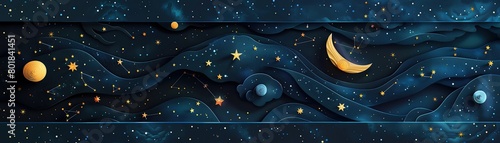 Detailed paper cut representation of a starry night sky with constellations and a crescent moon photo