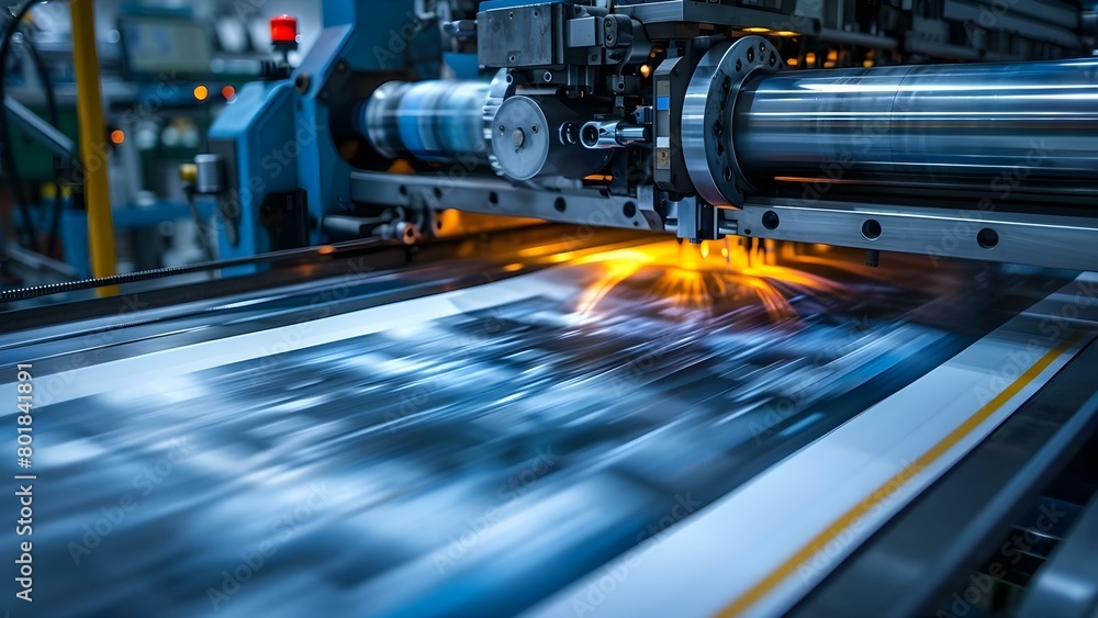 Fototapeta premium Commercial printing press machine in operation. Concept Commercial Printing Machine, Large Scale Operations, Printing Press Technology