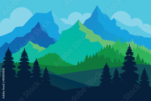 Silhouette of nature landscape. Mountains, forest in background. Blue and green illustration design © mobarok8888