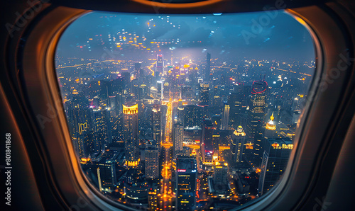 Aerial view of a lit-up city at twilight, seen through the curve of an airplane window. Generate AI
