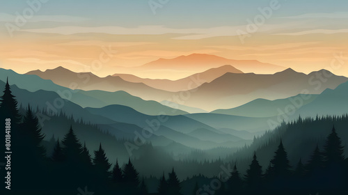 Misty Morning Mountain, Mountain Silhouettes, Realistic Mountains Landscape. Vector Background © Niko