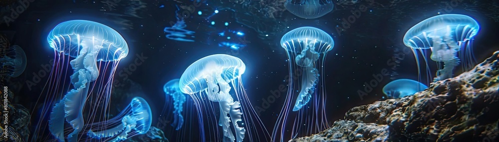 Naklejka premium Luminous jellyfish dancing gracefully in a dark underwater cave, casting eerie lights on the rocky surfaces