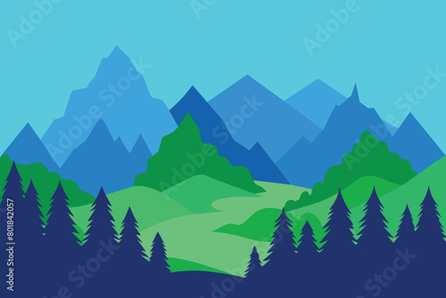 Silhouette of nature landscape. Mountains  forest in background. Blue and green illustration design