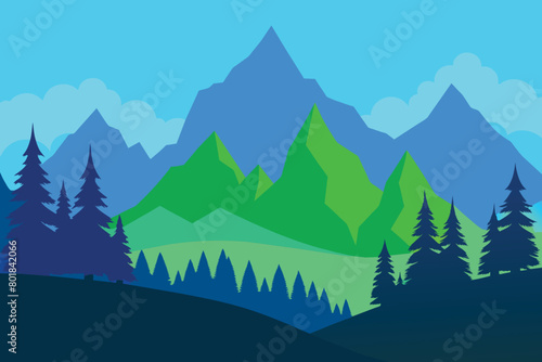 Silhouette of nature landscape. Mountains  forest in background. Blue and green illustration design