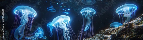 Luminous jellyfish dancing gracefully in a dark underwater cave, casting eerie lights on the rocky surfaces