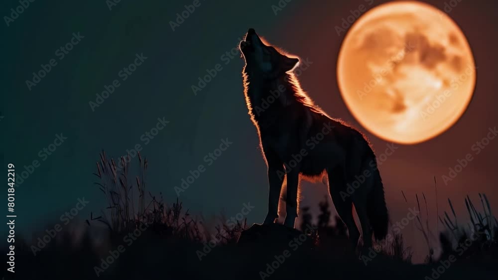 Silhouette of a howling wolf against a full moon at night Silhouette of a howling wolf against a full moon at night