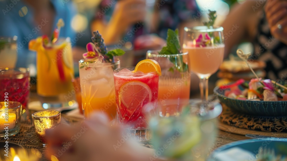 A dinner party with a table full of friends enjoying a variety of colorful and enticing mocktails.