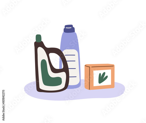 Bottles laundry gel, flavor fabric softener, box of detergent capsules. Organic liquid washing powder. Cleansing product, cleansers for housework. Flat isolated vector illustration on white background