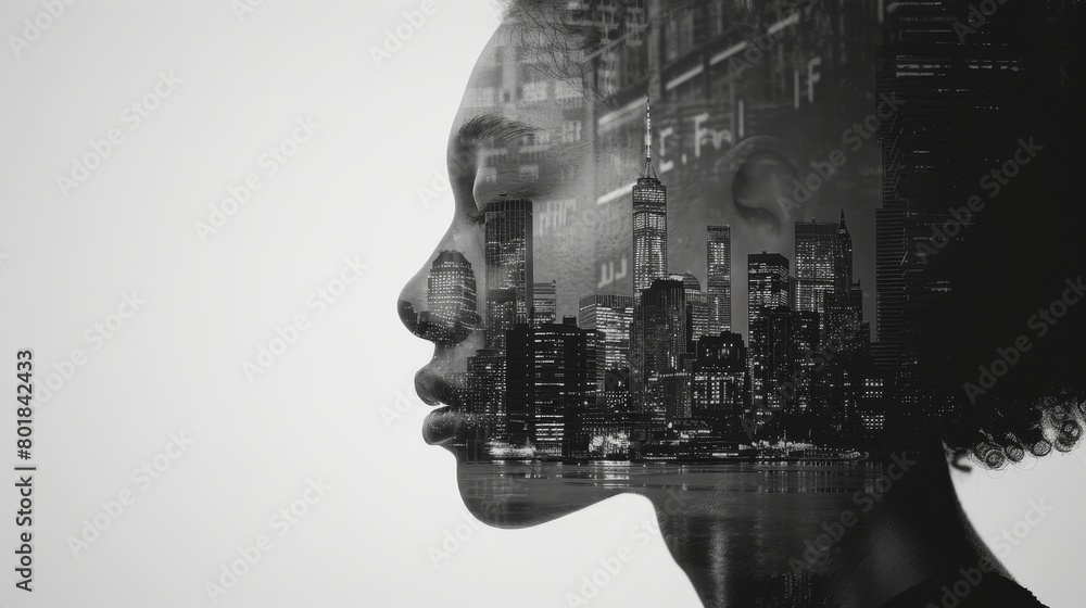 A black and white portrait of a woman's face with a cityscape double exposure.