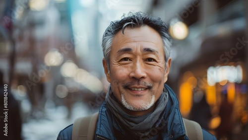Closeup portrait of a smiling senior Asian man outdoors in the city. Concept Portrait Photography, Senior Asians, Outdoor Location, Cityscape Background, Smiling Expression