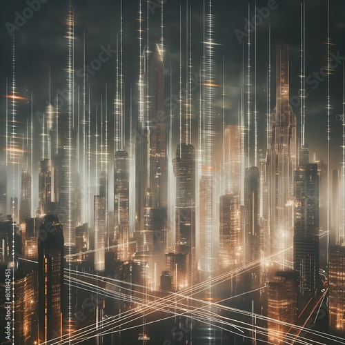 aerial view of city skyline. network high speed internet. satellite communication beam. illustrating the seamless connectivity and global reach.